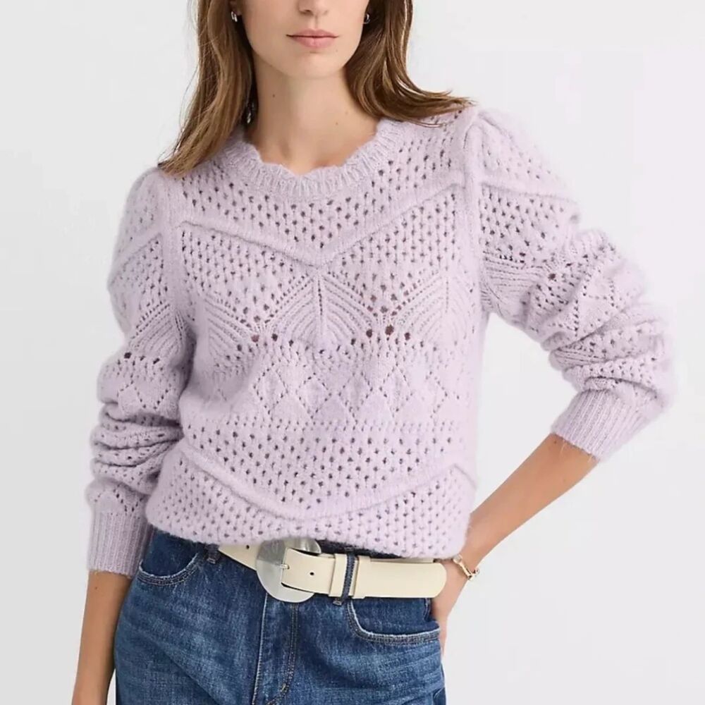 LOFT Scalloped Pointelle Sweater Womens Small Lavender Puff Sleeve Pullover